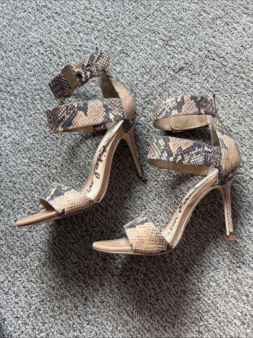Sam Edelman Tan and Brown Snake-Print Strappy Stiletto Sandals - Picture 3 of 6